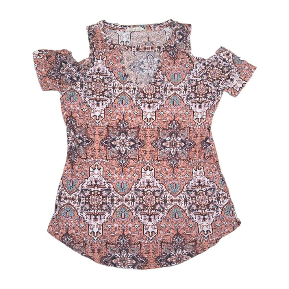 NO COMMENT NY LA BOHO MEDALLION PRINT COLD SHOULDER SHIRT TOP BLOUSE WOMENS SZ M